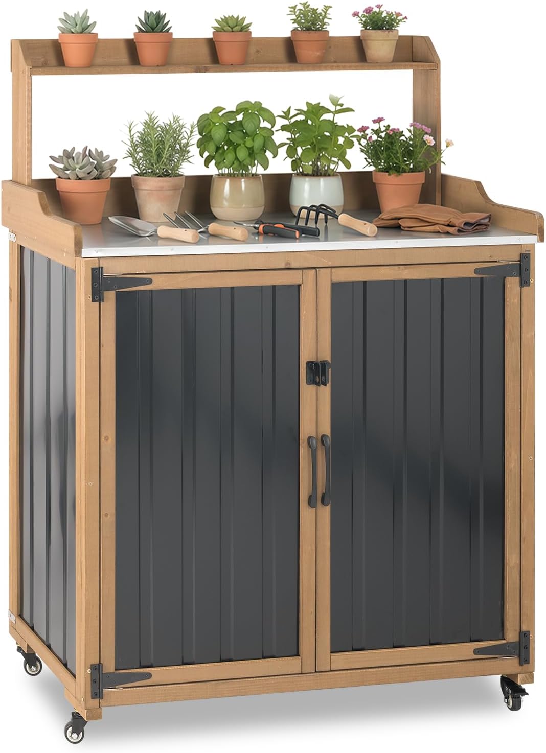 Garden Bench Metal - Pflanztisch mit Stauraum, abschließbar, Rollen, verstellbare