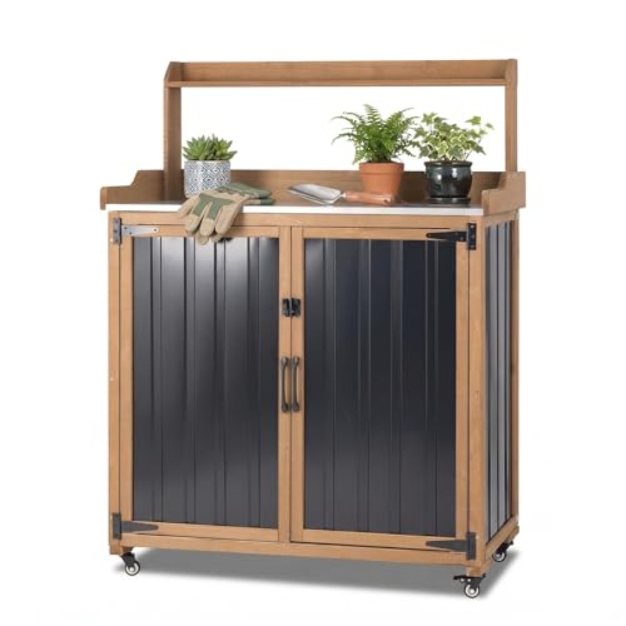 Garden Bench Metal - Outdoor-Pflanztisch mit Stauraum, Pflanztisch mit Metallplatte,
