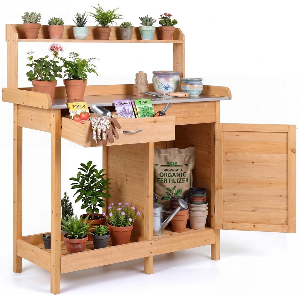 Garden Bench Metal - Outdoor-Pflanztisch aus Holz mit Aufbewahrungsschrank, offenen